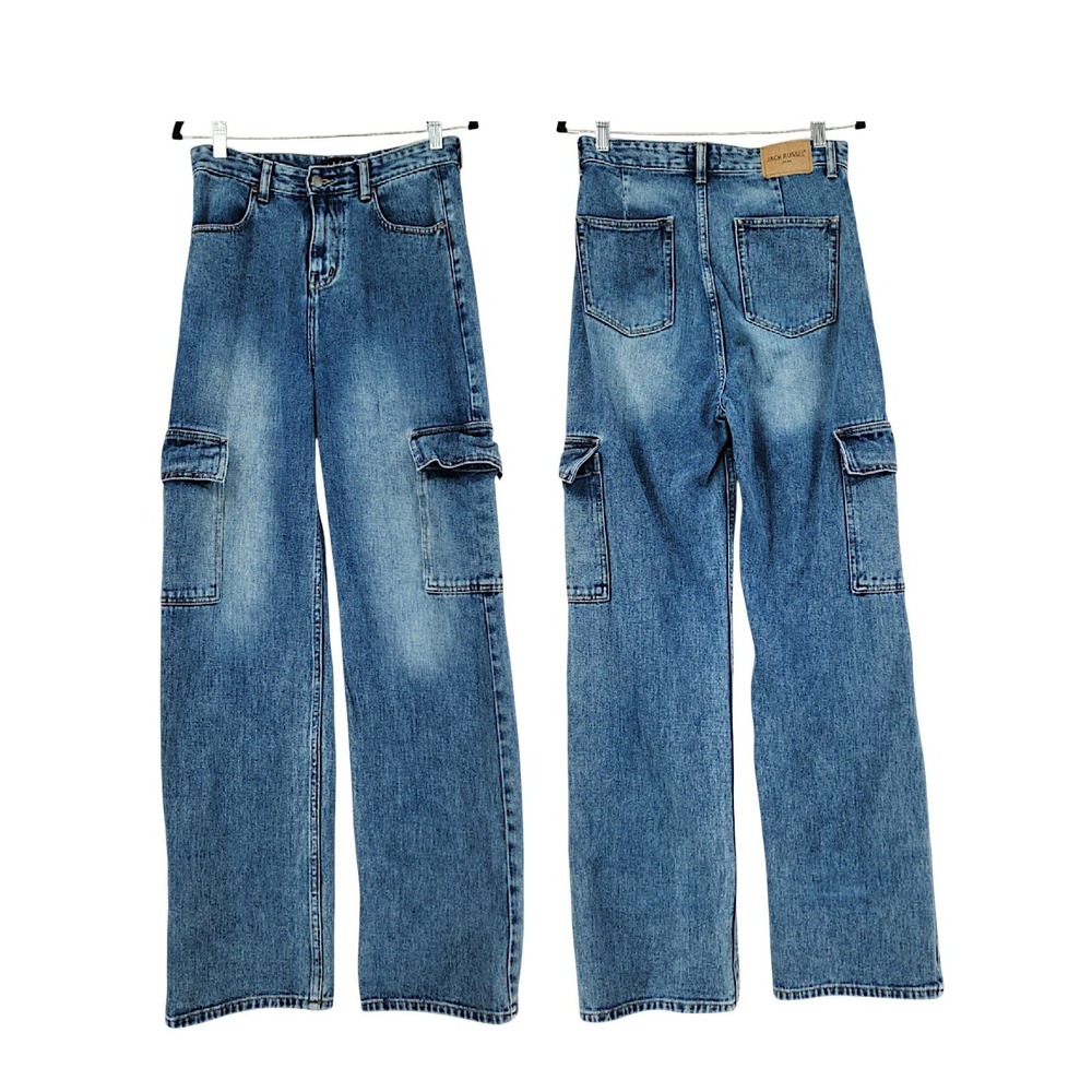 Cargo Jeans L(M) Wom Blue Straight Leg High Rise Streetwear Grunge Skater School